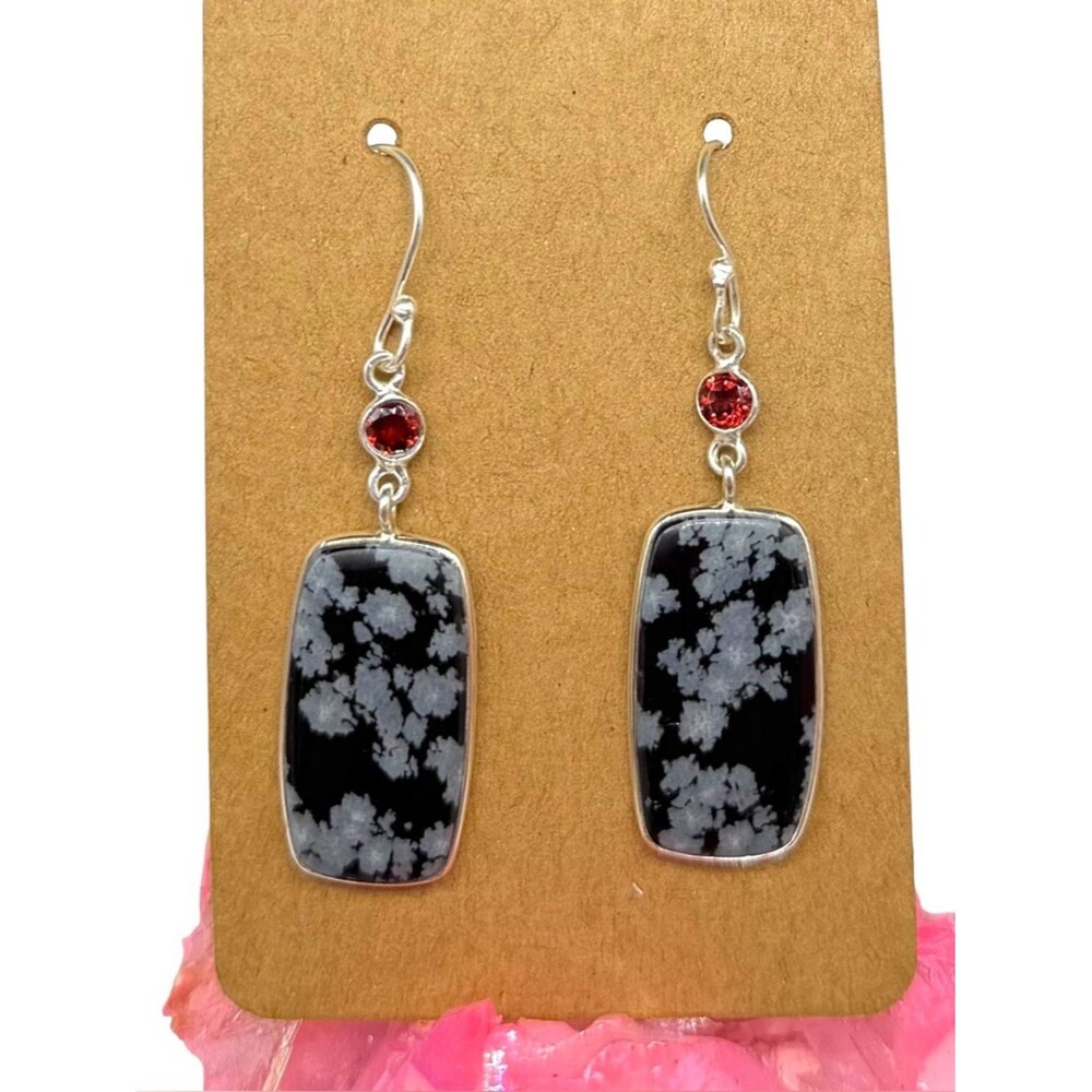 Snowflake Obsidian & Garnet Earrings Solid 925 Sterling Silver Black Stone